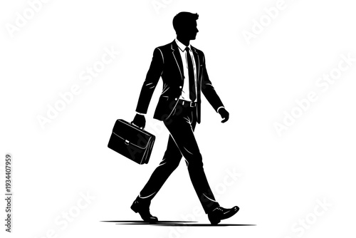 Silhouette of confident young caucasian male businessman walking with briefcase.