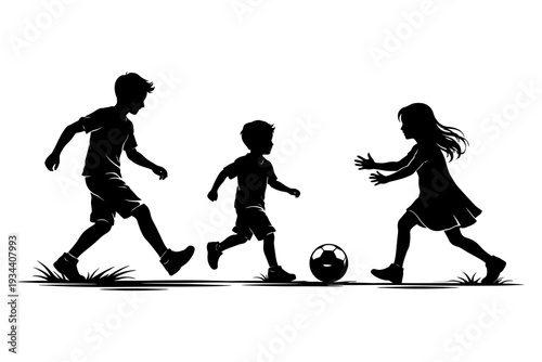 Silhouette of children playing soccer outdoors - boys and girl engaging in sport.