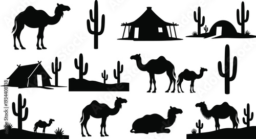 Black silhouette desert set featuring Arabian camels dromedaries cacti and nomad tents on white background for middle eastern landscape icons and ethnic vector design