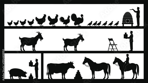 Black silhouette farm animal collection featuring cows horses goats pigs and poultry with farmers in a minimalist rustic countryside lifestyle livestock and agriculture illustration