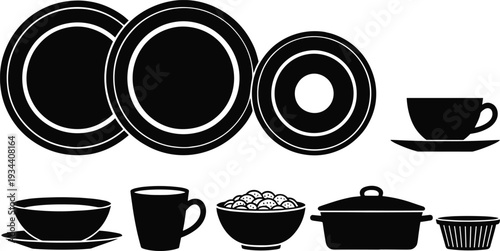 Black silhouette kitchenware vector icon set featuring dinner plates, cereal bowls, coffee mugs, teacups with saucers, cooking pots, and ramekins isolated on white background