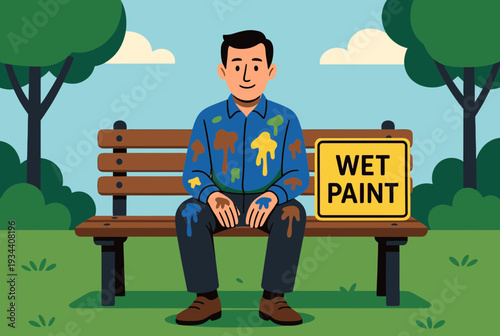 Fake "Wet Paint" Sign on Already Painted Bench with Person Sitting