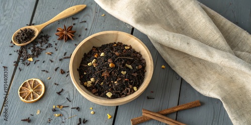 A wooden bowl filled with loose-leaf tea and spices on a rustic table