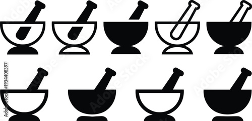 Collection of Mortar and Pestle Icons in Solid and Line Styles for Pharmacy Logo Design Healthcare Symbols Medical Apothecary Equipment and Culinary Herb Grinding