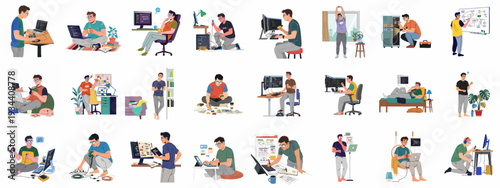 Diverse scenes of a tech professional's daily life: coding, design, IT support, and creative problem-solving in various modern work environments and relaxed settings.