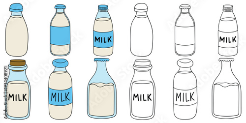 Hand-drawn cartoon and doodle set of milk bottles on a white background.