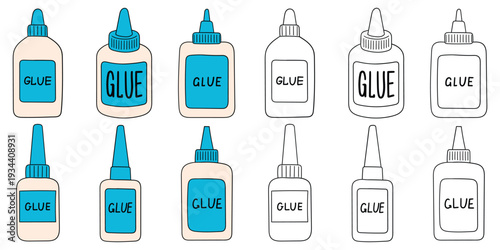 Hand-drawn cartoon and doodle set of glue bottles on a white background.