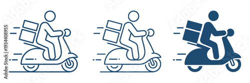 Scooter delivery icons, representing fast shipping, food delivery, courier logistics, express transport, and urban transportation vector illustration.