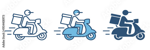 Scooter delivery icons, representing fast shipping, food delivery, courier logistics, express transport, and urban transportation vector illustration.