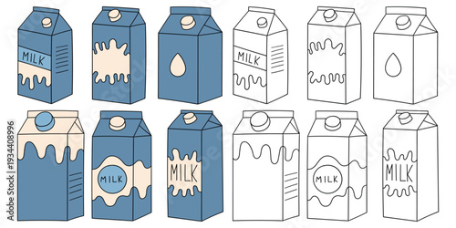 Hand-drawn cartoon and doodle set of milk carton boxes on a white background.