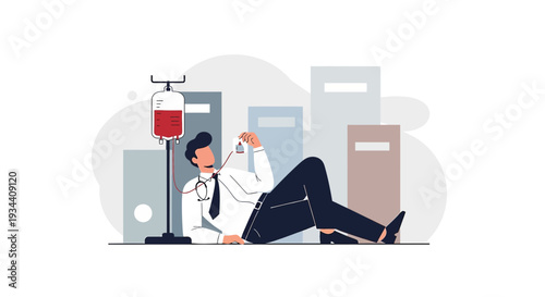 Exhausted Businessman Receives IV Drip Infusion for Stress Relief