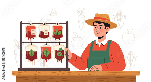 Farmer Displays Fresh Produce Bags with Blood Samples