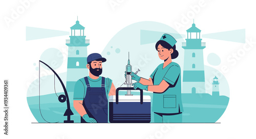 Fisherman Receiving Vaccination from Nurse with Lighthouses Background