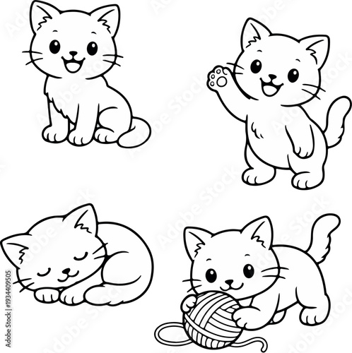 Cute Kitten Coloring Pages for Kids – 4 Cats in Different Poses Line Art
