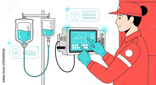 Healthcare Professional Adjusting Medical Monitor Next to IV Drip