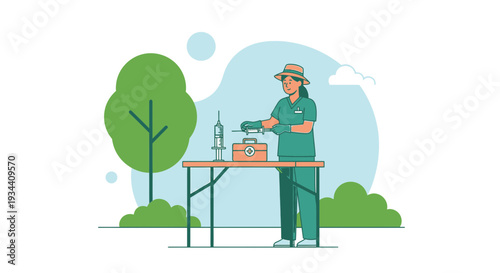 Healthcare Professional Administering Injection Outdoors with Medical Supplies
