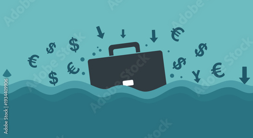Business briefcase sinking in turbulent water with falling currency symbols for global financial crisis concept and economic recession