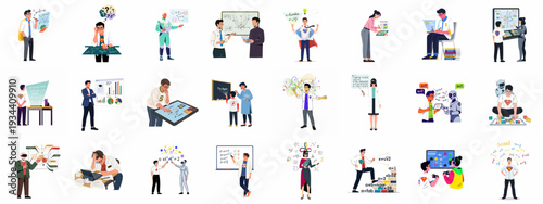 Illustrations of diverse individuals, including students, teachers, and robots, engaging in mathematical problem-solving, learning, and analysis using modern technology like AI and VR.