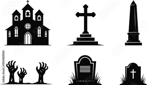Halloween graveyard silhouette icon set featuring a spooky church haunted headstones cemetery crosses zombie hands rising from the ground and stone obelisk flat vector