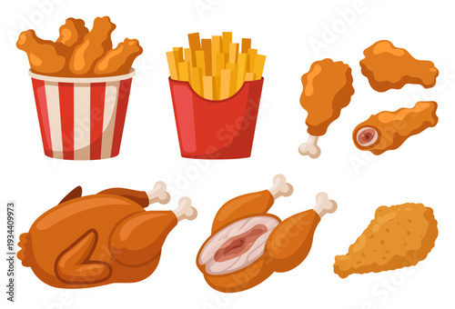 Fried Chicken and Fries Vector Illustration Set