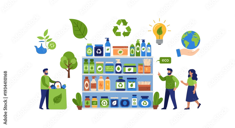 Naklejka premium Sustainable Shopping: Eco-Friendly Products & Green Lifestyle Concept Illustration