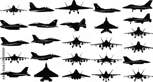 Large set of black silhouettes featuring modern military fighter jets, supersonic airplanes, and air force aircraft in various flying and landing positions, flat vector