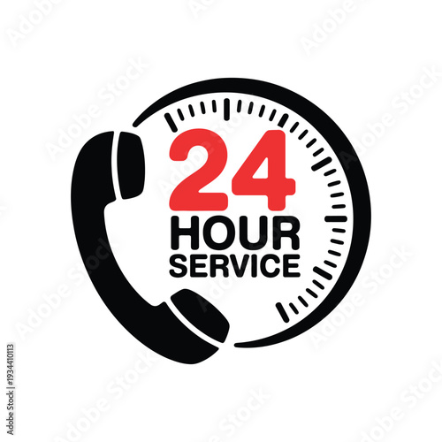 24 Hour Service Support Icon with Telephone and Clock