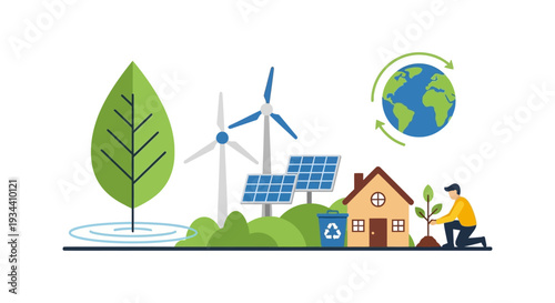 Global Sustainable Living Concept with Renewable Energy, Eco-Friendly Home, Recycling & Tree Planting