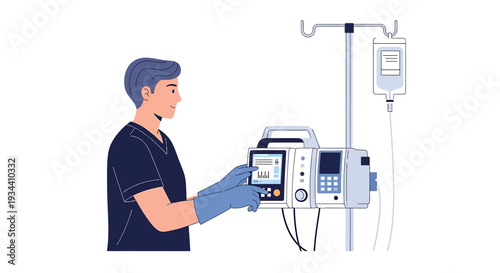 Healthcare professional using infusion pump for intravenous therapy, medical equipment