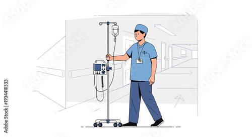Healthcare Professional with IV Drip Stand in Hospital Corridor