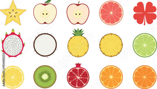 Colorful tropical fruit slices and whole fruits flat vector icon set including pineapple kiwi orange lemon apple dragon fruit and pomegranate