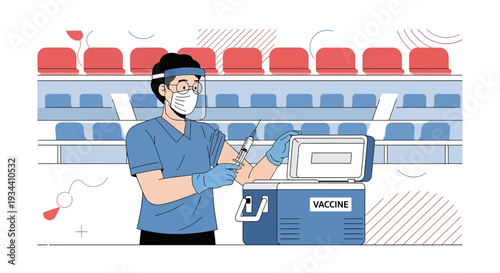Healthcare worker administering vaccine in stadium seating area, vaccination clinic