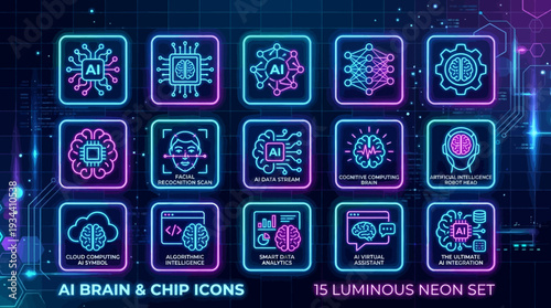 Neon AI Brain and Chip Icons Set.