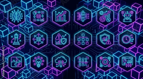 Neon Hexagonal Icons Representing Technology and Innovation.