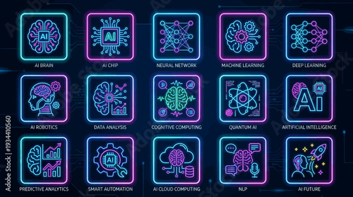 Neon Icons Representing Artificial Intelligence Concepts.