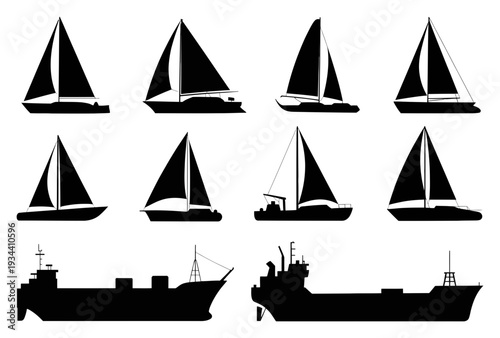Sailboats and Ships Silhouette Vector Illustration Set