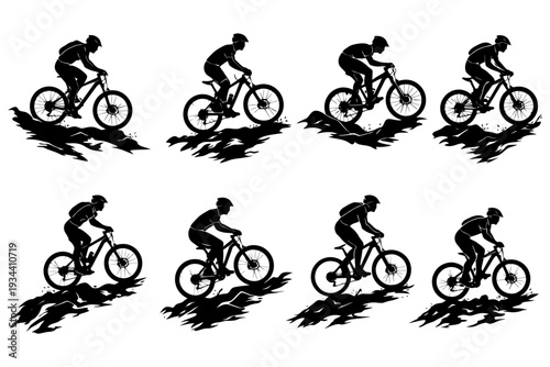 Silhouettes of cyclists in action: diverse moves on mountain bikes.