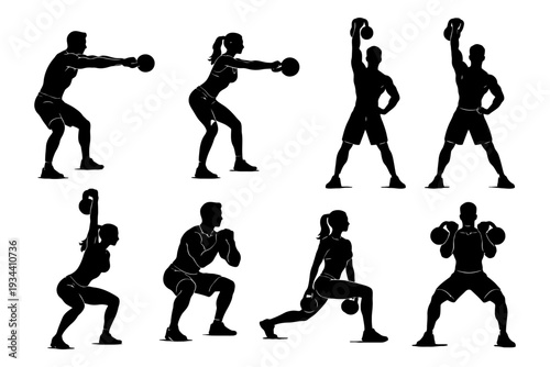 Silhouette workout: fitness exercises with dumbbells by male and female figures.