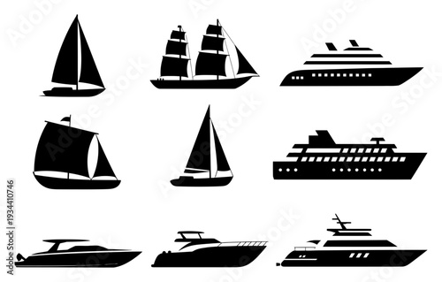Set of Black Silhouette Boats Vector Illustration
