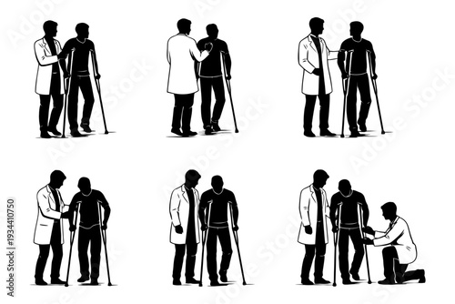 Male doctor assisting diverse young adult males with crutches in rehabilitation sessions.