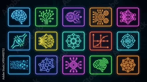 Neon Icons Representing Brain and Science.