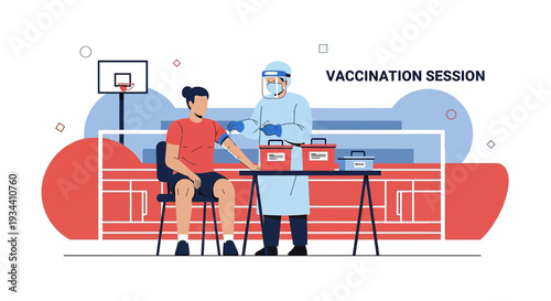 Healthcare Worker Administers Vaccine to Patient at Outdoor Sports Venue
