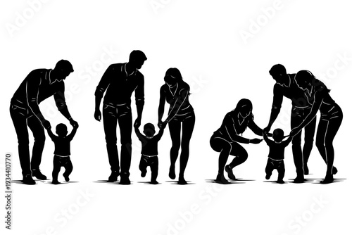 Silhouette of families teaching toddlers to walk - parental support and childhood milestones.
