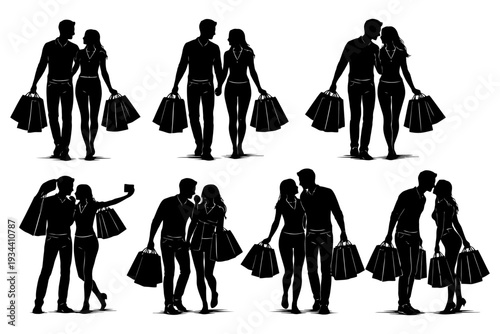 Silhouette couples shopping and interacting: young adults with bags.