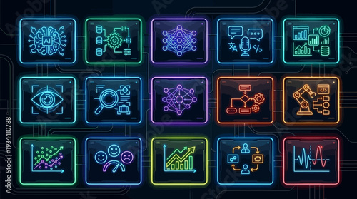 Neon Icons Representing Various Scientific Concepts.