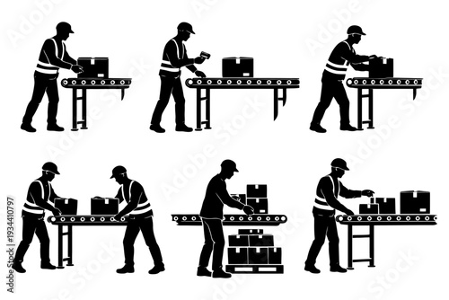 Silhouette of workers handling packages on conveyor belts in warehouse setting.