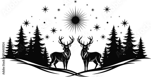Mystical black and white silhouette illustration of two deer with antlers in symmetrical forest scene, surrounded by pine trees, radiant sun, and celestial stars above.
