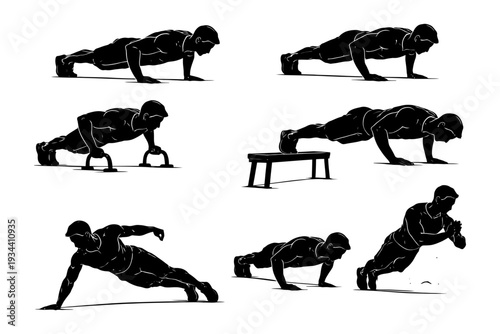 Silhouette of a male exercising: push-ups, dips, planks, and jumping jacks.
