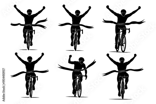 Cyclist silhouette collection: celebrating victory with raised arms crossing finish line.