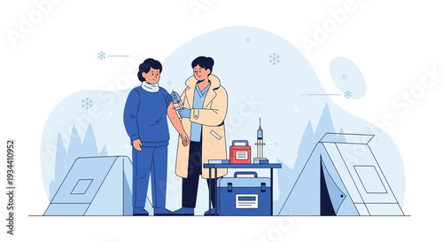 Healthcare worker gives vaccination outdoors in winter setting with tents